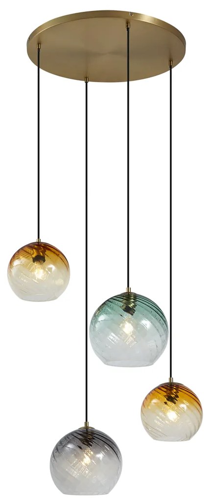 Lampa wisząca brązowa z dymionym bursztynowym i zielonym szkłem okrągła 4-punktowa - Bao ArtDeco Oswietlenie wewnetrzne