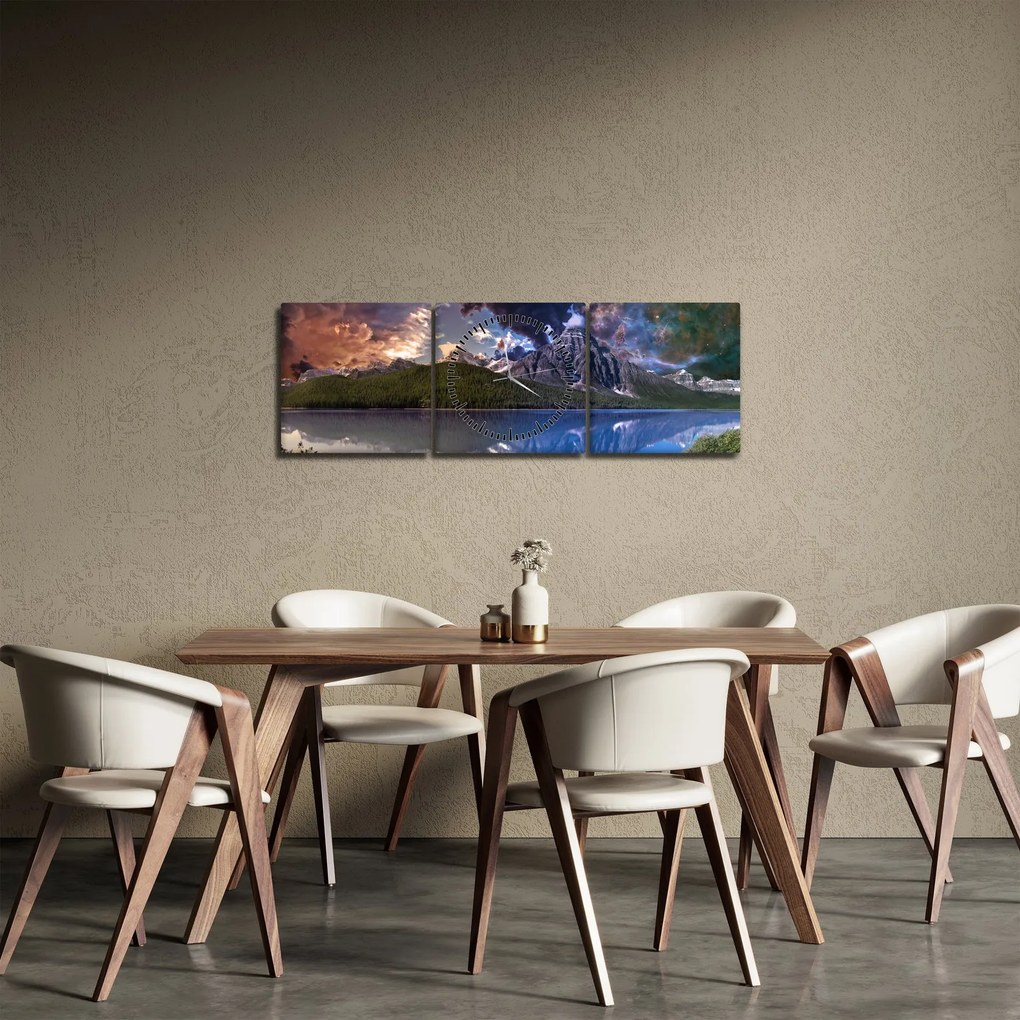 Obraz jeziora i gór (z zegarem) (90x30 cm)