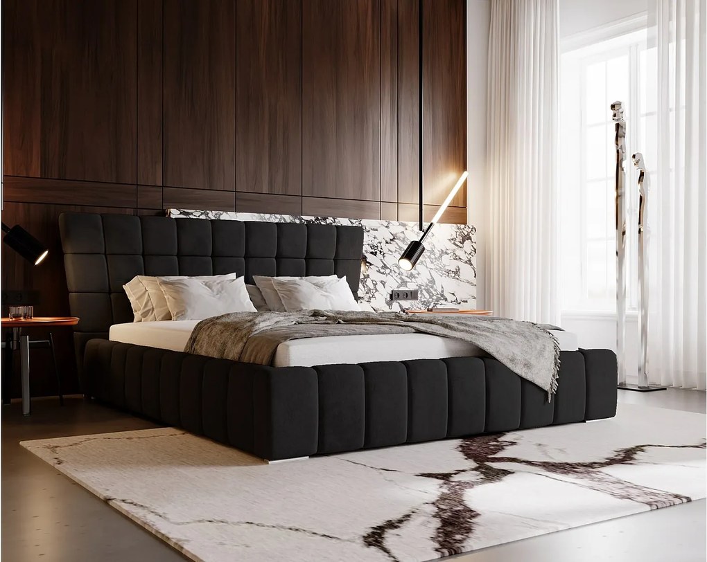 Emporius Deluxe łóżko tapicerowane 140x200 cm - łóżko przeszywane w nowoczesnym stylu - pojemnik i stelaż, tkanina aksamitna, czarny (Magic Velvet 2219)