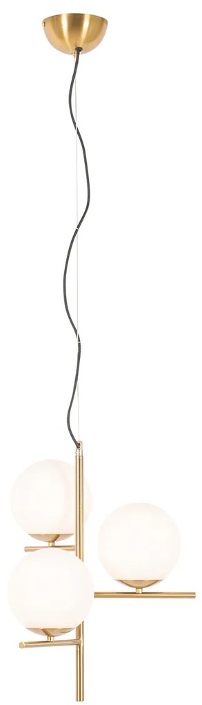 Lampa wisząca w stylu art deco złota z opalowym szkłem 3-punktowa - FloreDesignerski Oswietlenie wewnetrzne