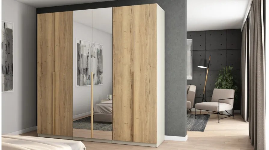 Szafa 6 drzwiowa z lustrem otwierana 240 x 240 cm – Kaszmirowy Beż / Dąb Halifax ze złotymi uchwytami