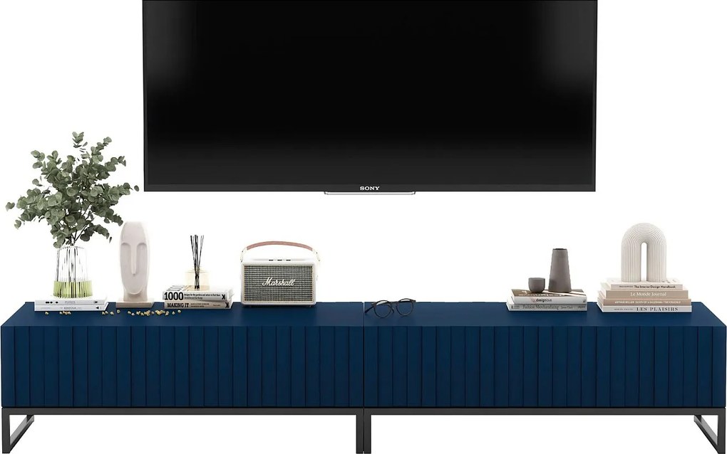 Szafka RTV z 2 drzwiami - korpus Granatowy mat, fronty ryflowane Granatowy mat - 220 cm, stelaż z czarnego metalu