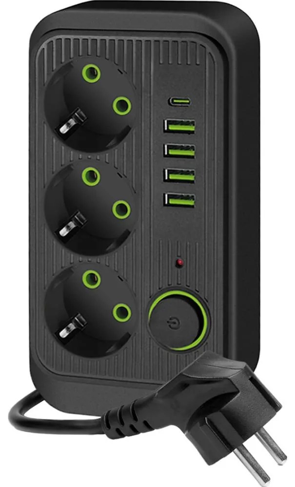 Rozgałęźnik z wyłącznikiem LINEA 3x230V + 5xUSB A/C 1,5 m SCHUKO czarny