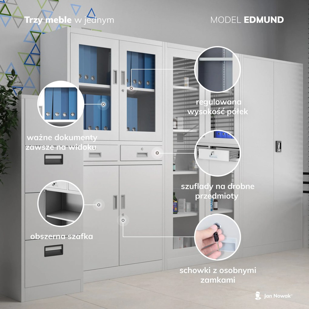 Biurowa przeszklona szafa metalowa na akta z szufladami EDMUND, 900 x 1850 x 400 mm, szara