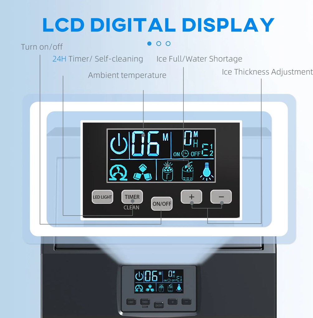 HOMCOM Komercyjna kostkarka do lodu 30 kg/24H wolnostojąca z 4 kg pojemnikiem, funkcją samoczyszczenia, timerem, stal, czarna | Aosom PL