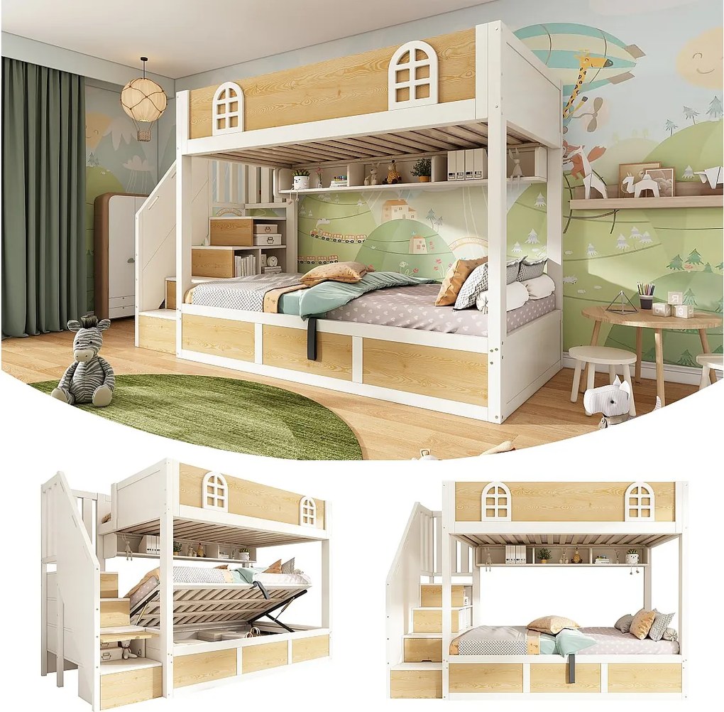 Łóżko piętrowe dla dzieci - 2 x 90 x 200 cm - z drabinką + półką + skrzynią hydrauliczną - drewno + metal - naturalne