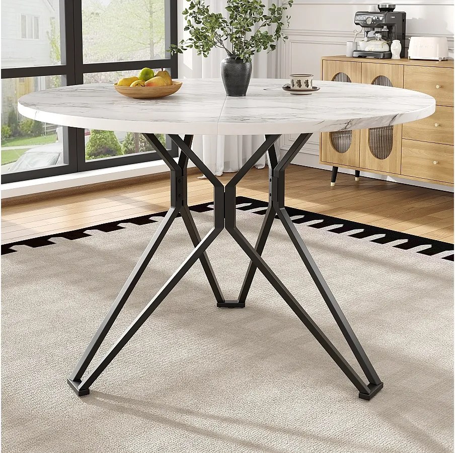 Stół jadalny 4-osobowy - 100 x 100 x 76 cm - okrągły stół z metalowymi nogami - blat marmurkowy MDF - MDF + Metal - czarny