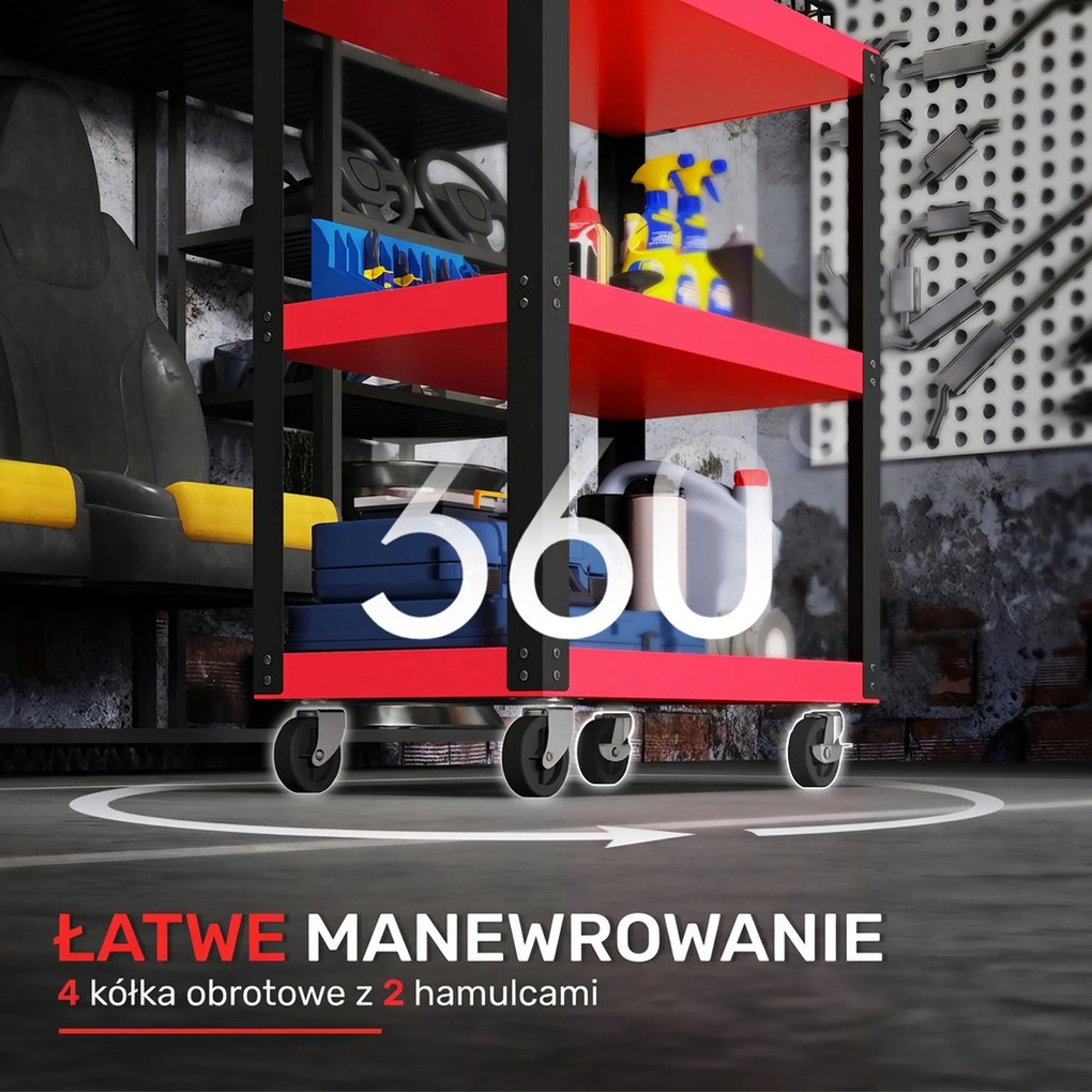HOMCOM Wózek narzędziowy z 3 poziomami, metalowa rama, nośność 120 kg, kółka, uchwyt, czerwony