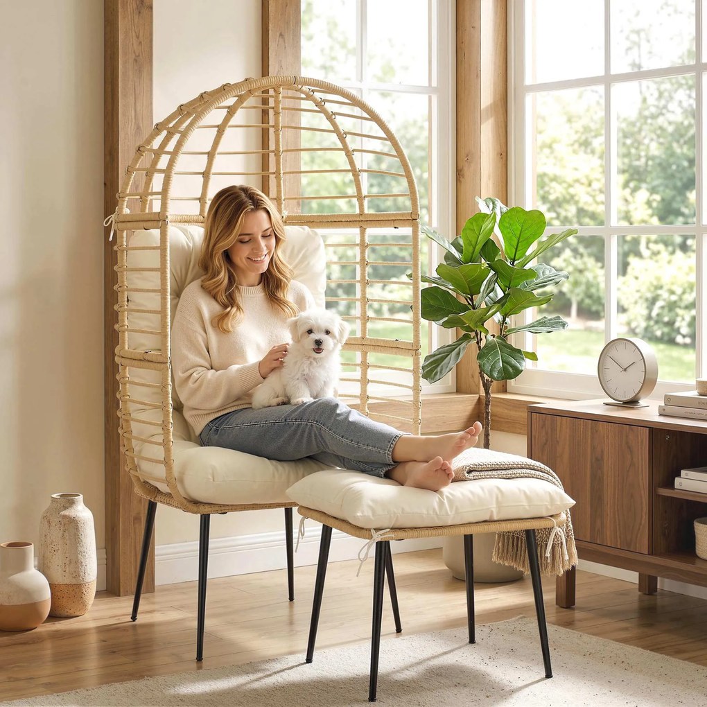 Outsunny Fotel ogrodowy z podnóżkiem, PE-rattan, w kształcie jajka, fotel koszowy z grubymi poduszkami, metalowa rama, beżowy | Aosom PL