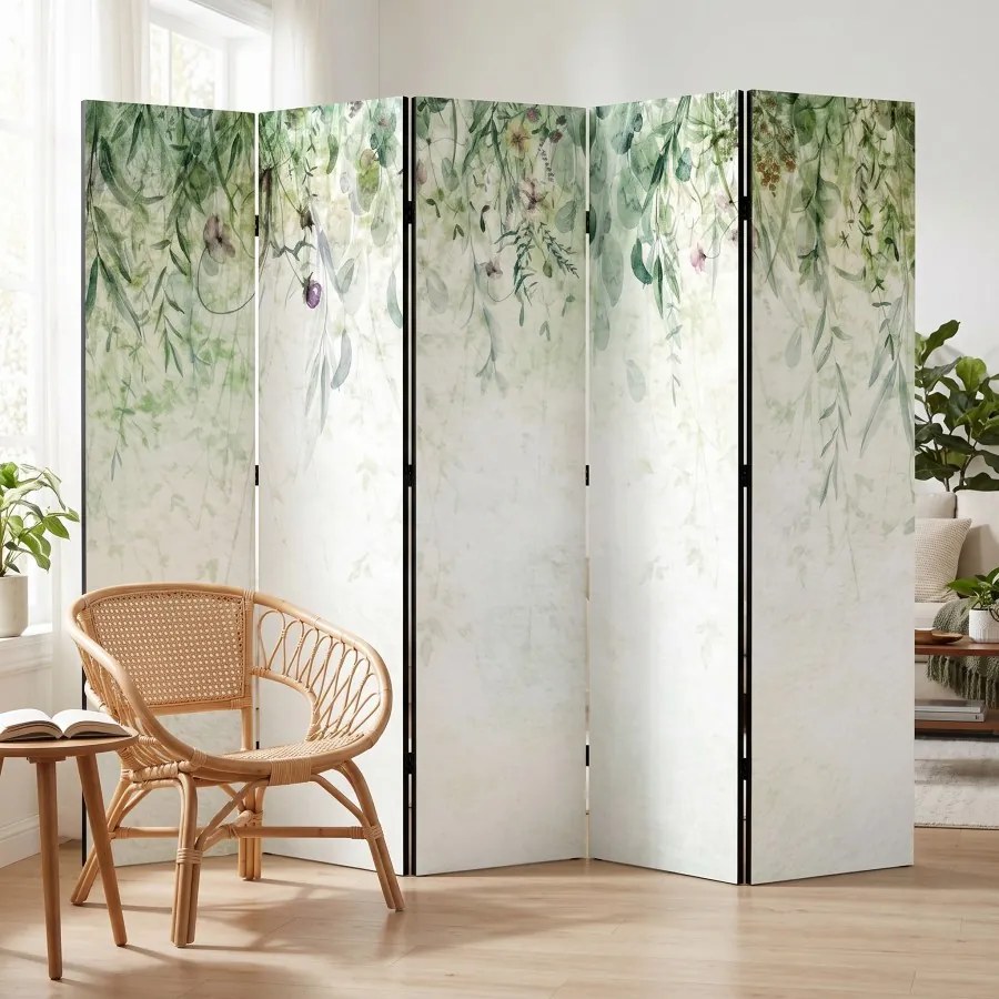 Parawan pokojowy 5-częściowy 225x172 Dwustronny dekoracyjny boho botaniczny Zielona Kaskada Liści