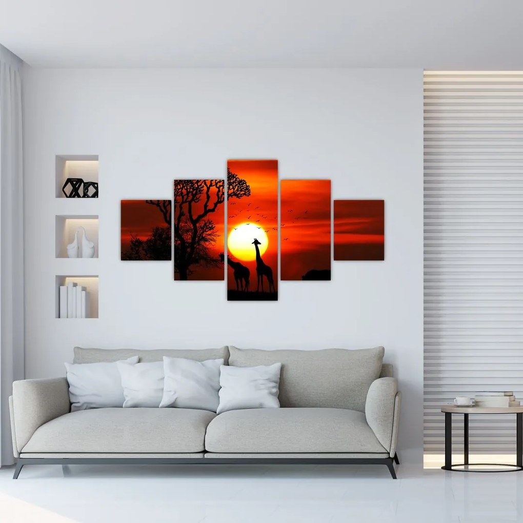 Obraz - Sylwetki zwierząt o zachodzie słońca (125x70 cm)