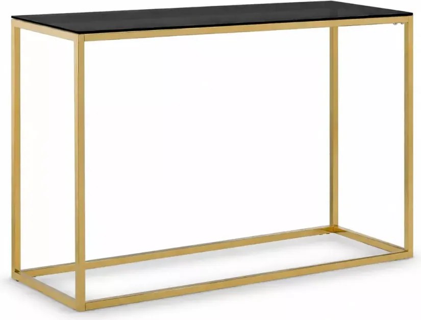 Konsola złota metalowa 100x30 cm ze szklanym przyciemnianym blatem