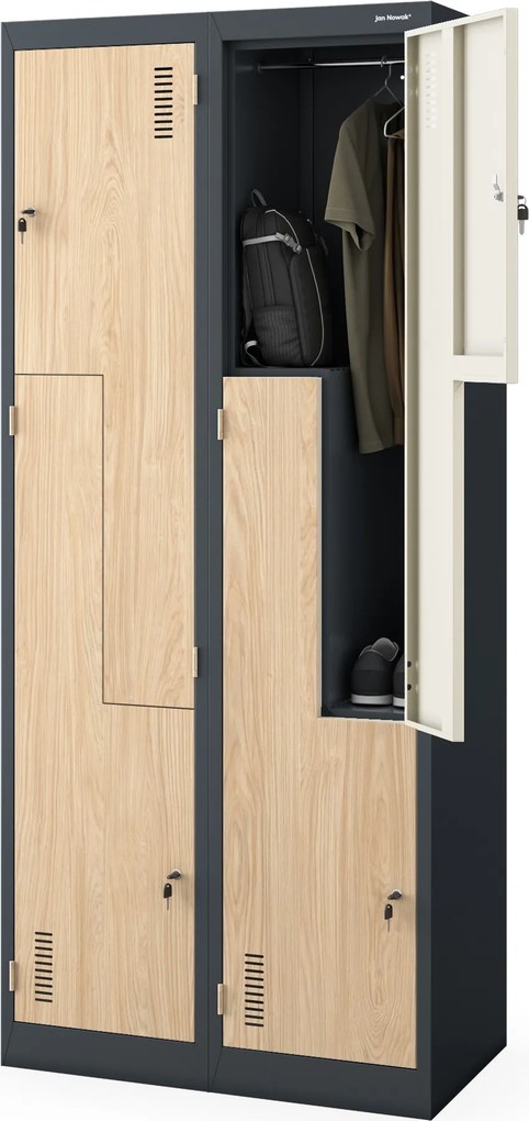 Szafa socjalna ubraniowa typu L, czterokomorowa, antracytowa/dąb sonoma, 800x1850x450 mm: JULIA Eco Design