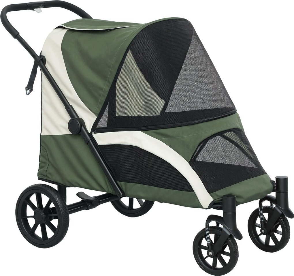 PawHut Składany Wózek dla Psów, Buggy dla Dużych Psów z 4 Kołami, Pasami Bezpieczeństwa, Hamulcami, Ciemnozielony