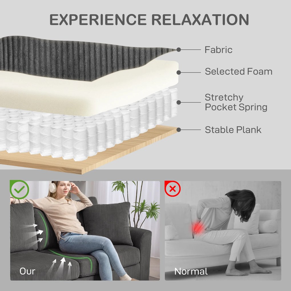 HOMCOM Sofa 3-osobowa z poduszkami ozdobnymi, sofa ze sztruksu do salonu, sypialni, szer. 212 cm, ciemnoszary | Aosom PL