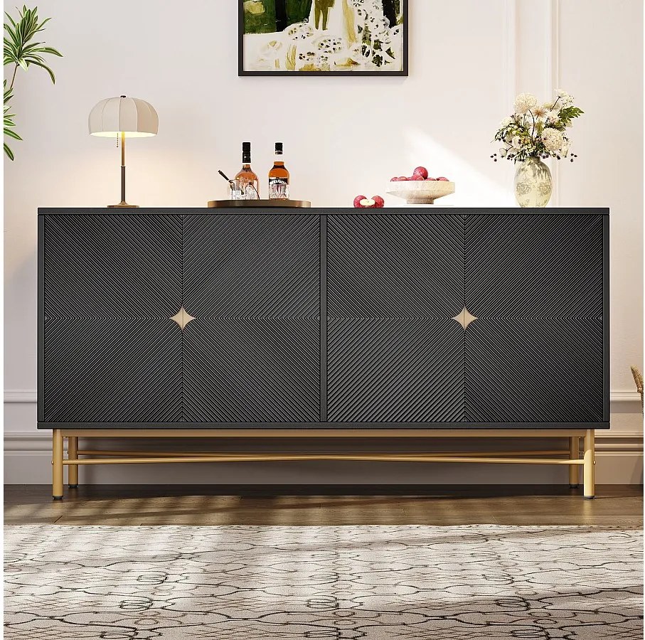 Czarny bufet z 4 drzwiami, uchwytami i złotymi nogami – do salonu i jadalni