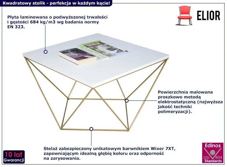 Kwadratowy stolik kawowy biały+ złoty Fiagox