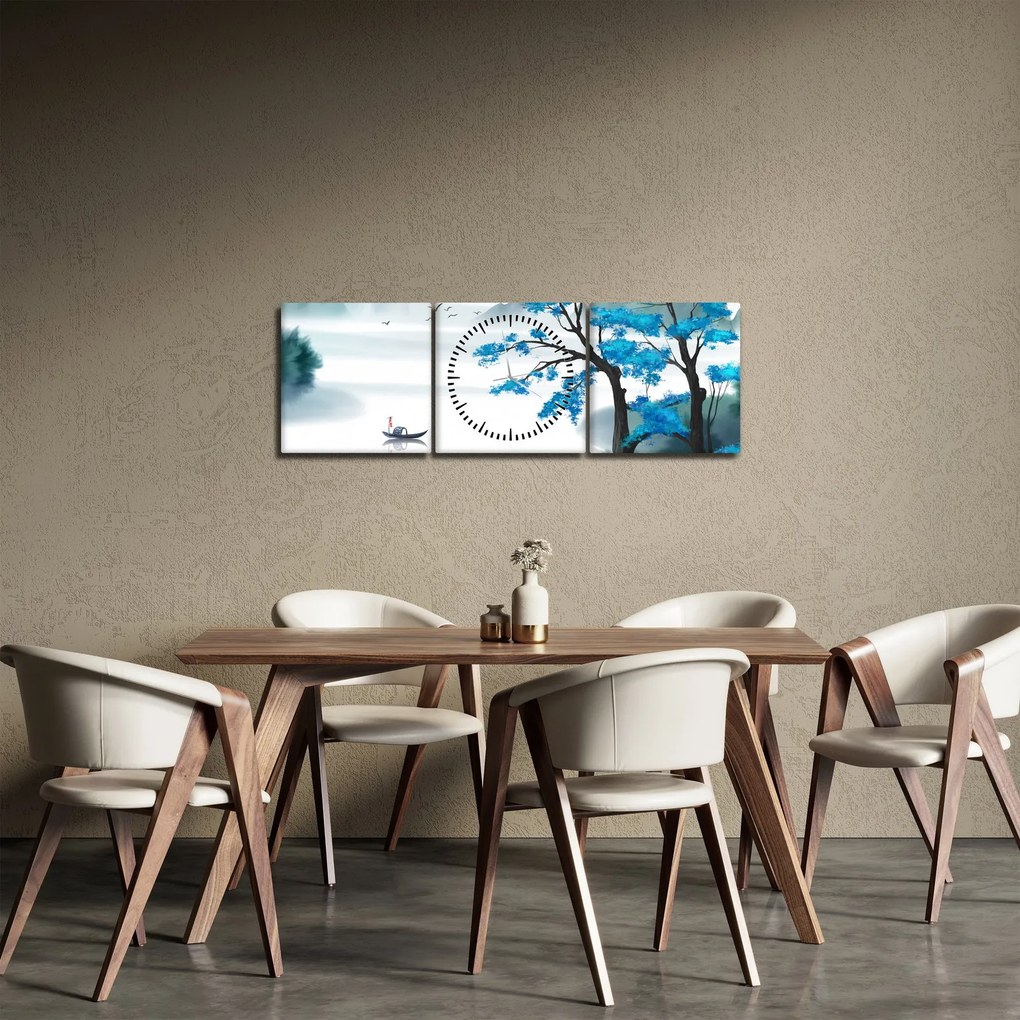 Obraz - Malowane jezioro z łódką (z zegarem) (90x30 cm)