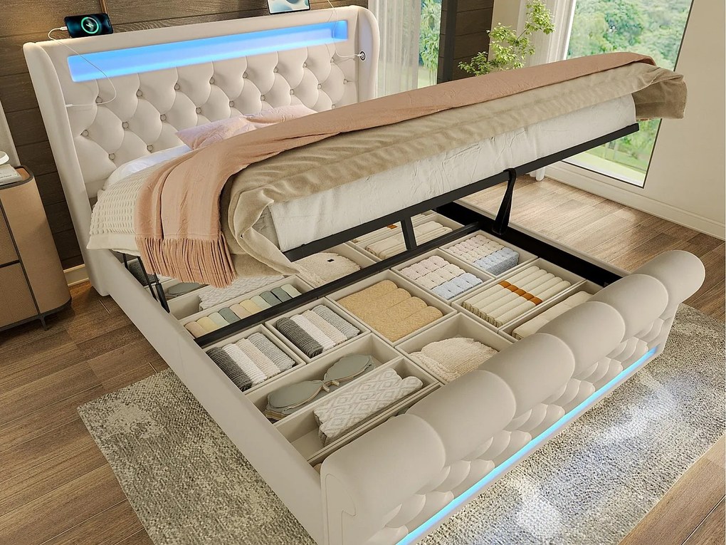 Łóżko skrzynia tapicerowane 160x200cm - z LED - z portami USB i Type-C - Welur - Beżowy