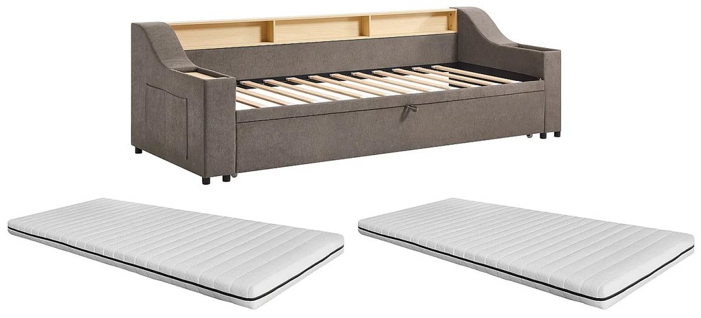 Łóżko wysuwane 2 x 80 x 200 cmze skrzynią i portem USB - Tkanina - Taupe + Materac - ORAVAYA