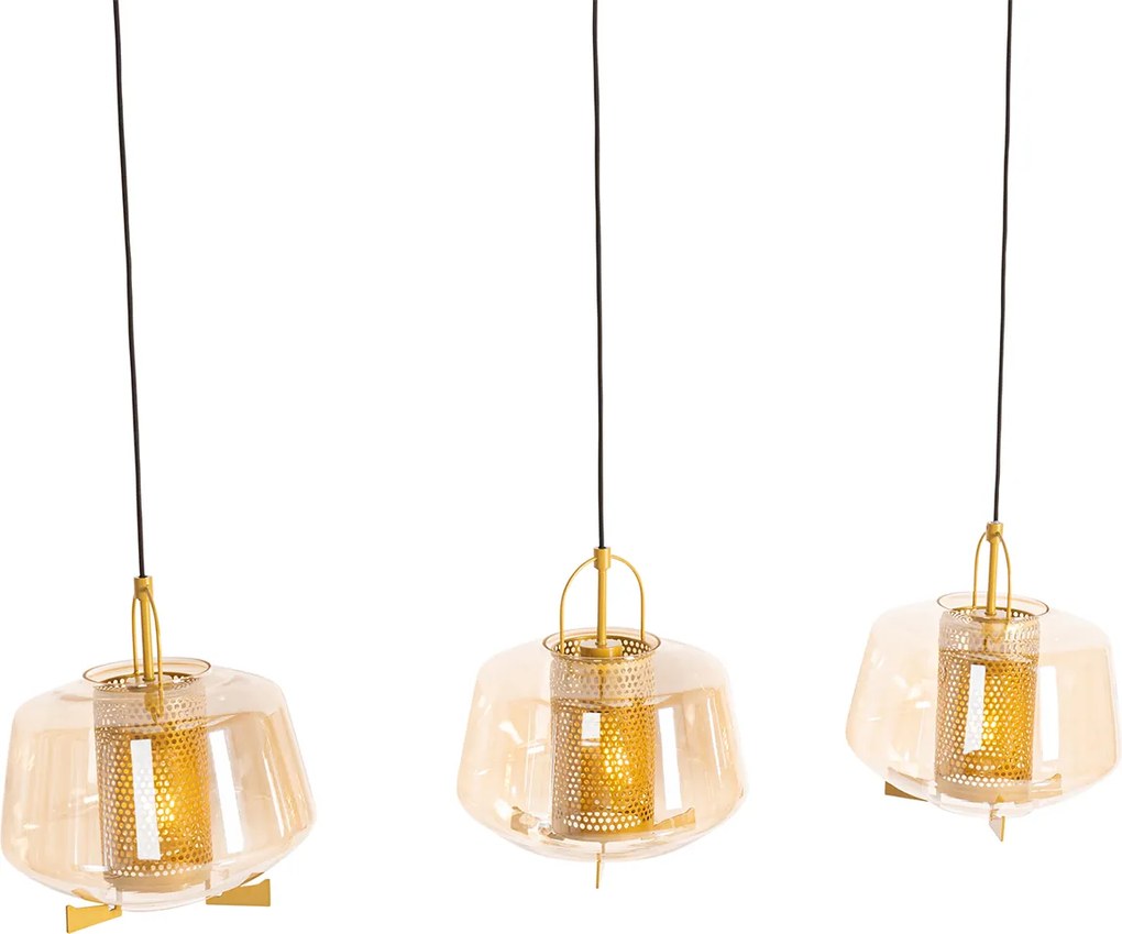Lampa wisząca złota z bursztynowym szkłem 30 cm owalna 3-światłowa - Kevin