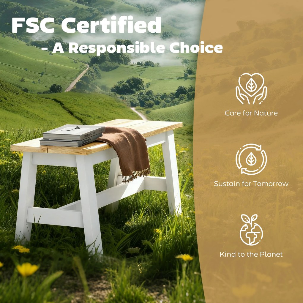 HOMCOM Ławka dla 2, drewniana w dębowym wyglądzie, stabilizująca poprzeczka, do salonu, jadalni, korytarza, drewno kauczukowe, Biała