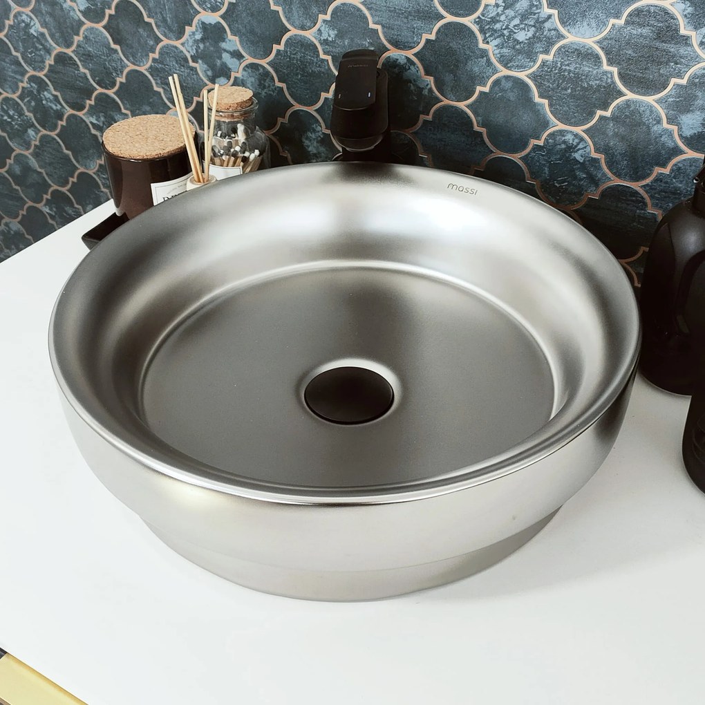 Umywalka ceramiczna nablatowa okrągła srebrna mat 40 cm ARI SILVER