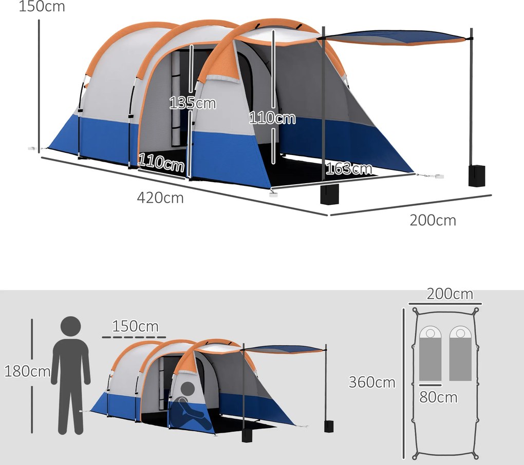 Outsunny Namiot kempingowy dla 3 osób, z haczykiem na latarnię, trzema wejściami, wodoodporny, Pomarańczowy