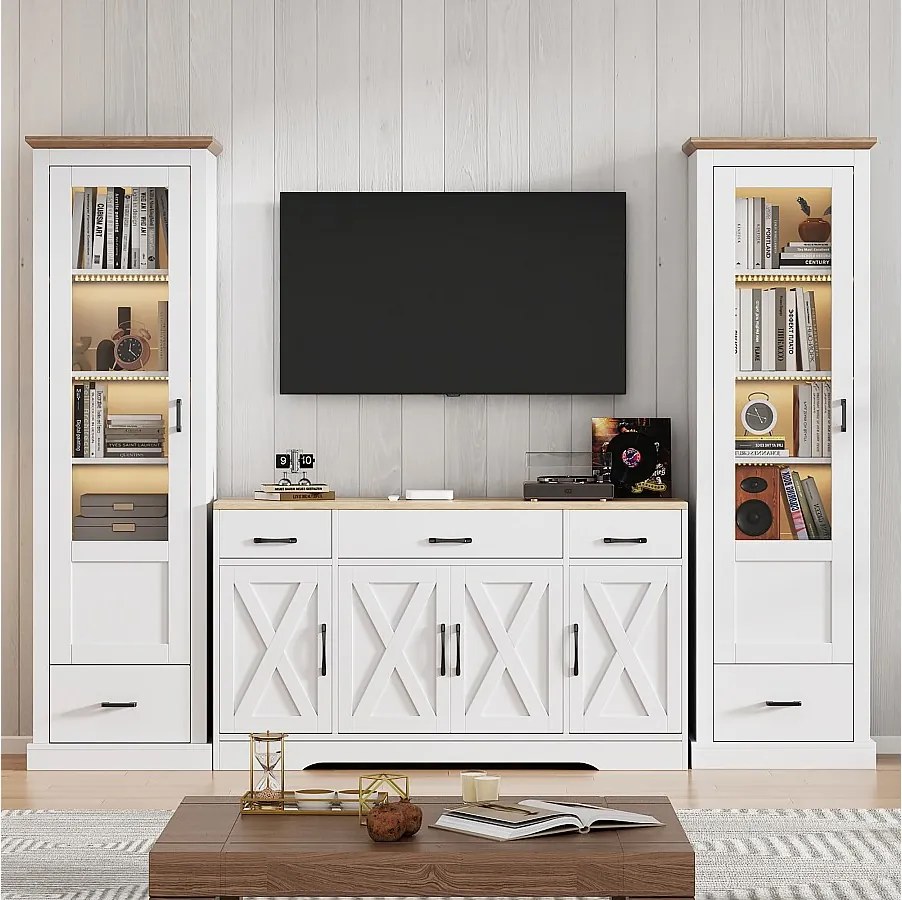 Zestaw mebli do salonu - 2 nowoczesne witryny z diodami LED + 1 kredens z 4 drzwiami + 3 szuflady - płyta wiórowa - kolor biały