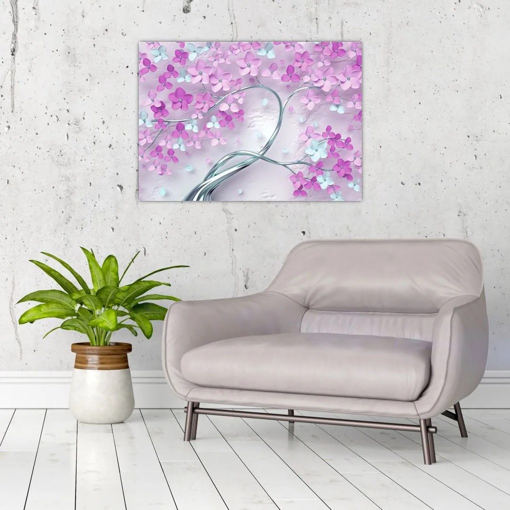 Obraz kwiatów na srebrnej łodydze - abstrakcja (70x50 cm)