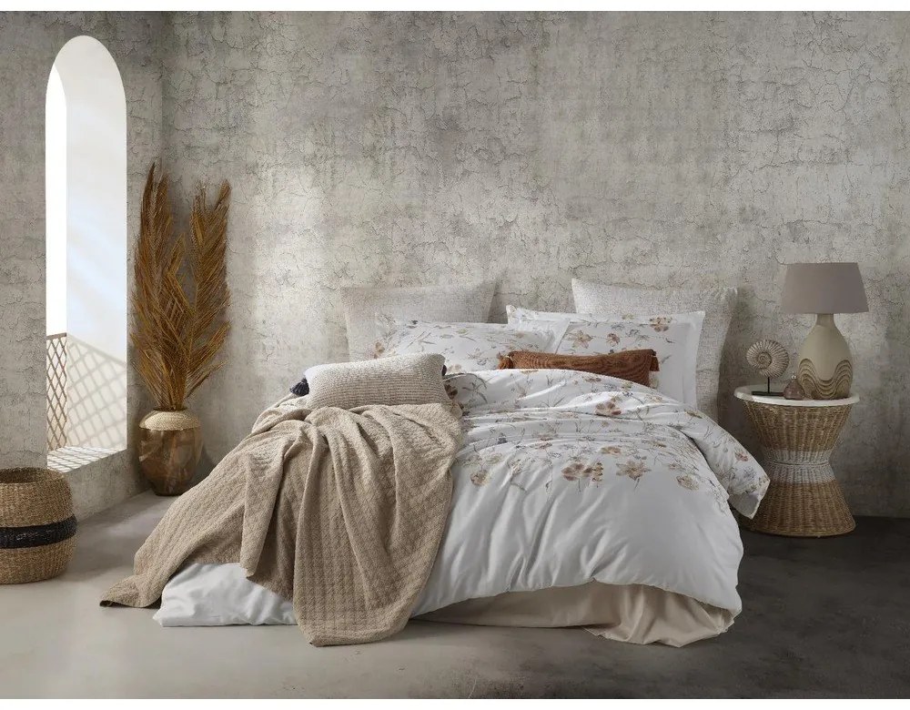 Biała pościel jednoosobowa z satyny bawełnianej 140x200 cm Ivory Garden Floral – Mila Home Luxury