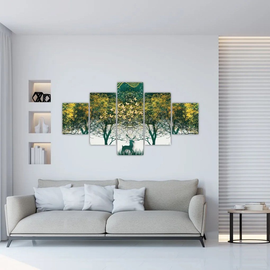 Obraz - Jelenie w zielonym lesie (125x70 cm)