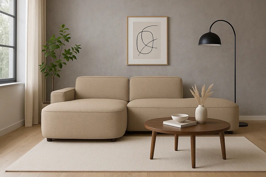 Narożnik modułowy CURSAL G lewostronny 271×166×73 cm – beżowy Raven 30, zaokrąglone leżanki, wolnostojący