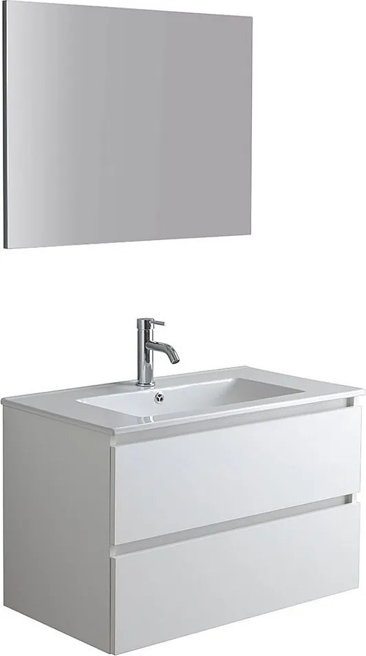 Biała szafka łazienkowa "Havana Plus" wisząca 2 szuflady podstawa ze zintegrowaną umywalką ceramiczną lustro 80 cm
