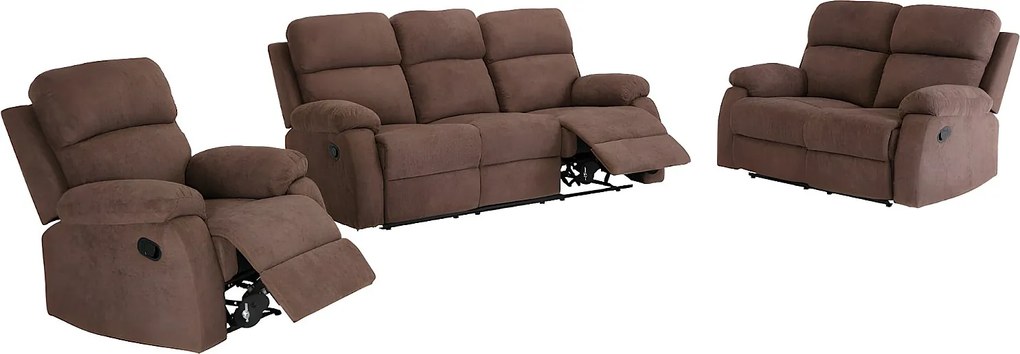 Kanapy 3+2+1-osobowa TOLZANO z tkaniny, z manualną funkcją relax – kolor brązowy