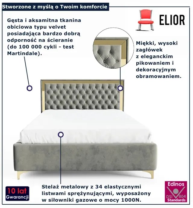 Szare łóżko tapicerowane z pikowanym zagłówkiem N5-G94