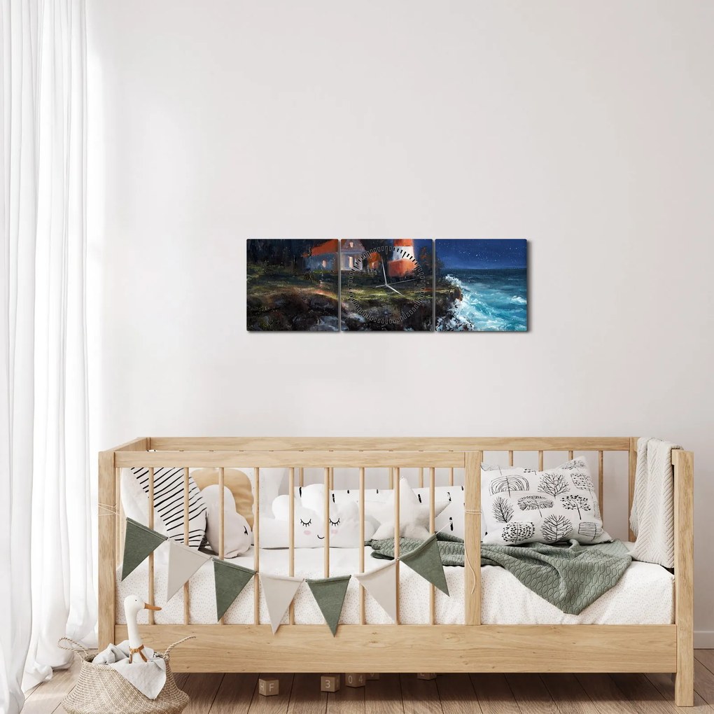 Obraz - Latarnia morska na brzegu oceanu, akwarela (z zegarem) (90x30 cm)