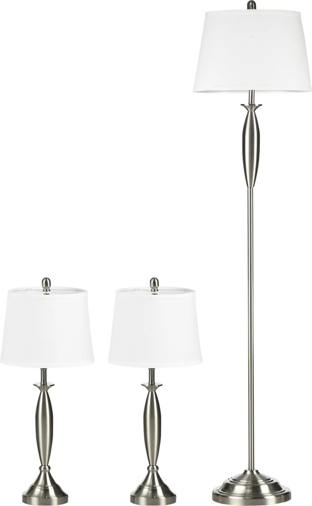 HOMCOM Zestaw 3 Lamp Srebrno Białe 1 Lampa Podłogowa 2 Lampy Stołowe Wykończenie Tkaninowe 38x38x158cm | Aosom PL