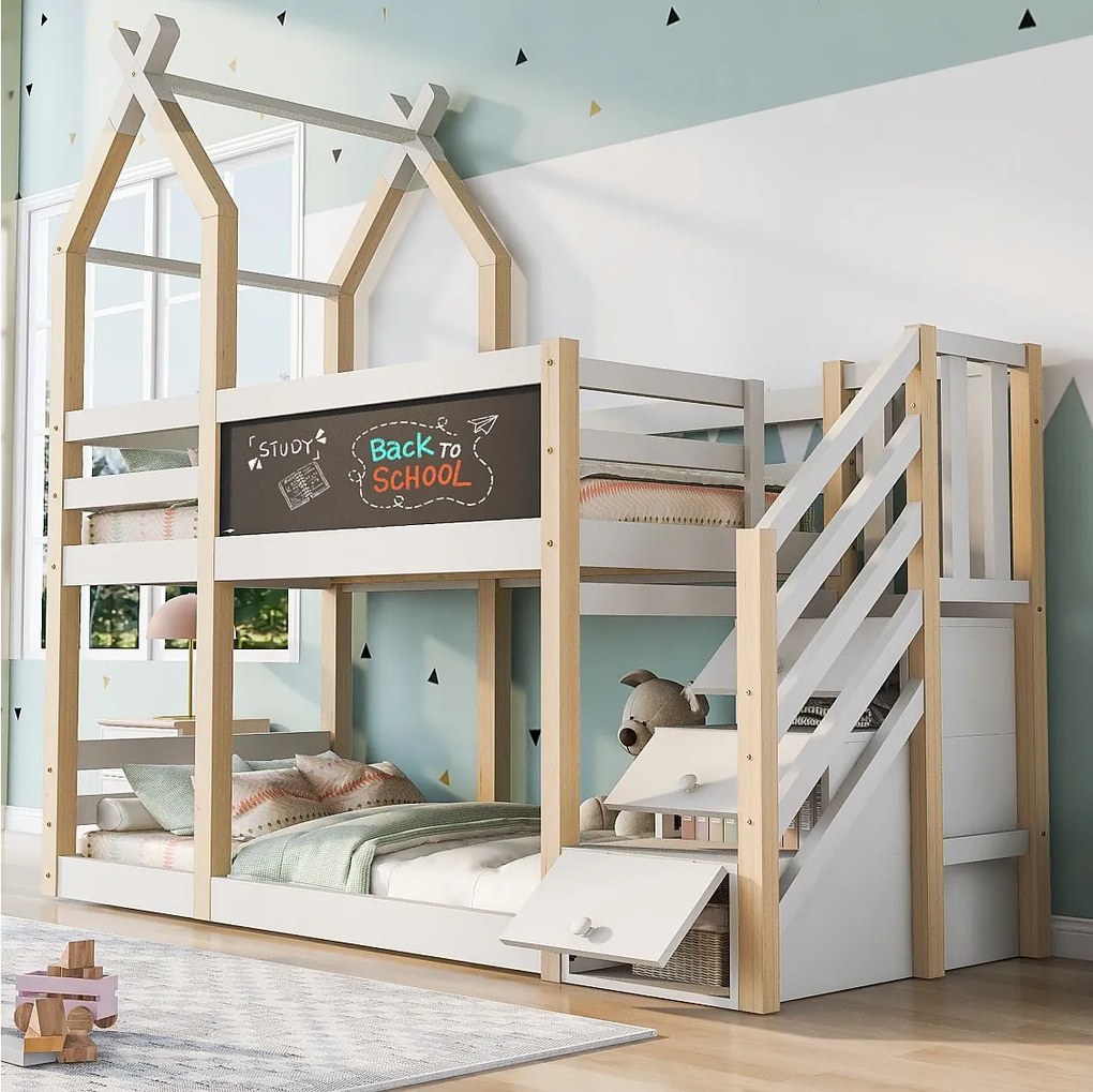 Łóżka piętrowe dla dzieci - 2 x 90 x 200 cm - domek na drzewie - schowek w schodach - białe