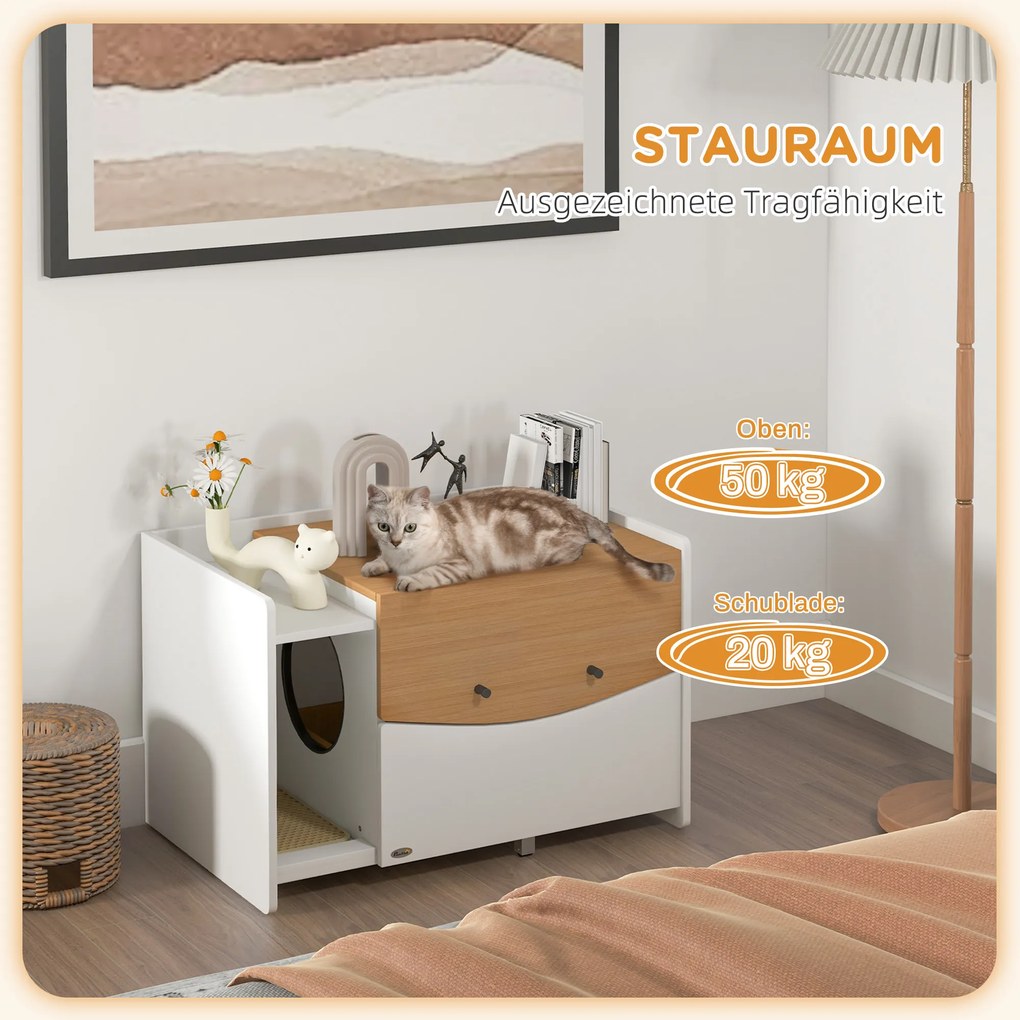 PawHut Kuweta w szafce, z wyjmowanym pojemnikiem na żwirek, 78x50x51cm, Dąb/Biały