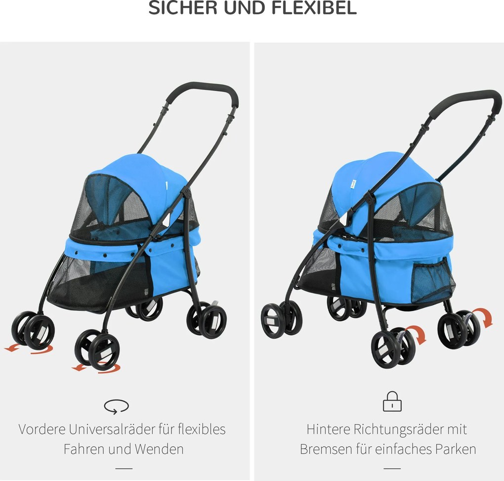 PawHut Wózek dla psów, regulowany dach, okna z siatki, zamek, Stal, 82x47x97 cm, Niebieski/Czarny