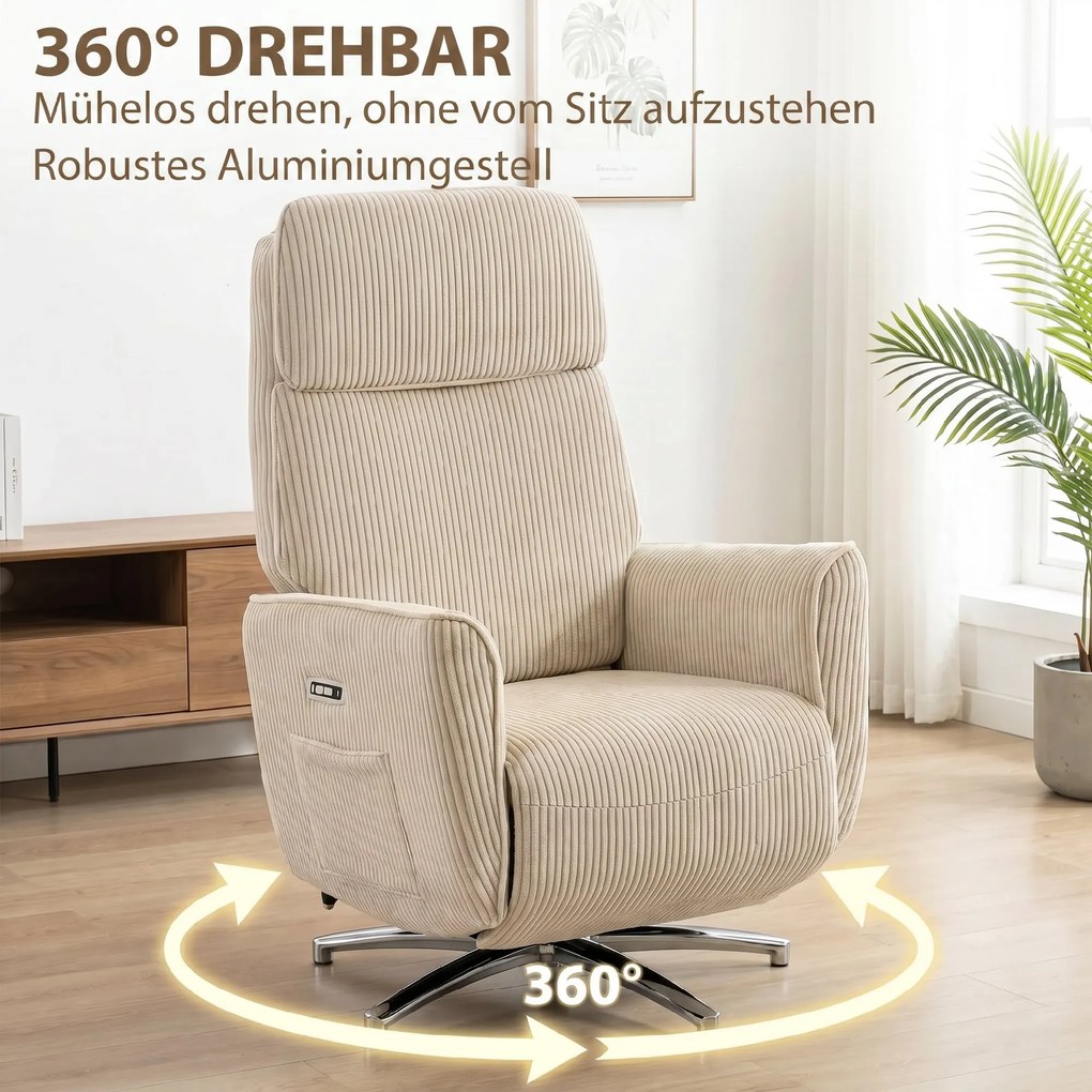 HOMCOM Fotel relaksacyjny elektryczny regulowany, fotel z funkcją leżenia, 2 silniki, obrotowy fotel TV z portem USB | Aosom PL