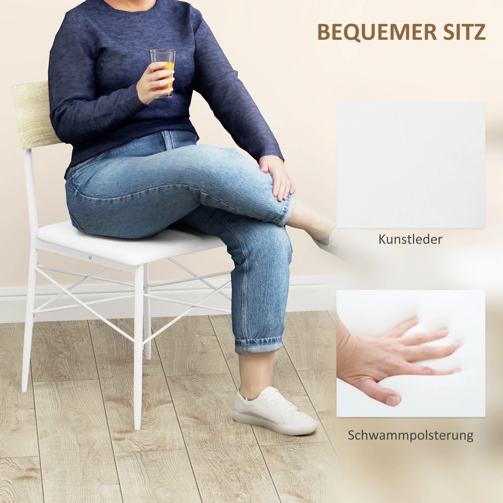 HOMCOM 4-częściowy zestaw stołowy z krzesłami i ławką na 4 osoby, siedzenia tapicerowane, stalowy stelaż, drewno, Biały