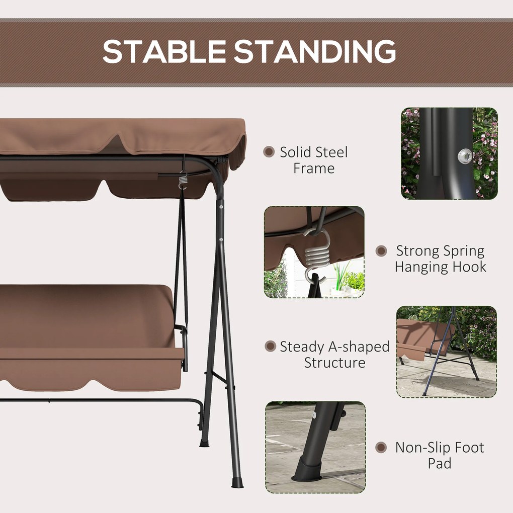 Outsunny Huśtawka ogrodowa 3-osobowa Hollywood, odporna na warunki atmosferyczne, regulowane dach, 172 x 110 x 153, Brązowa
