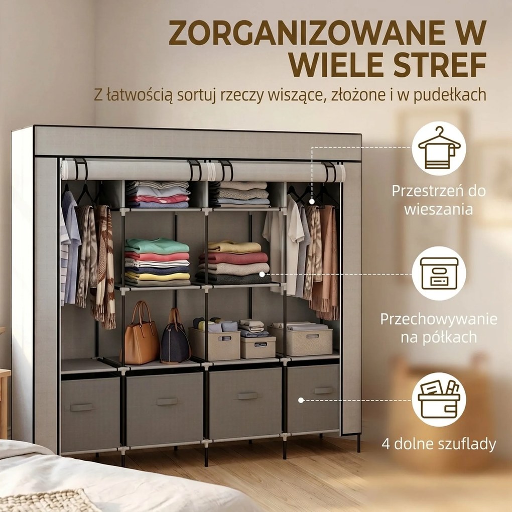HOMCOM Szafa z tkaniny, drzwi, 2 drążki na ubrania, 10 przegródek, Szary