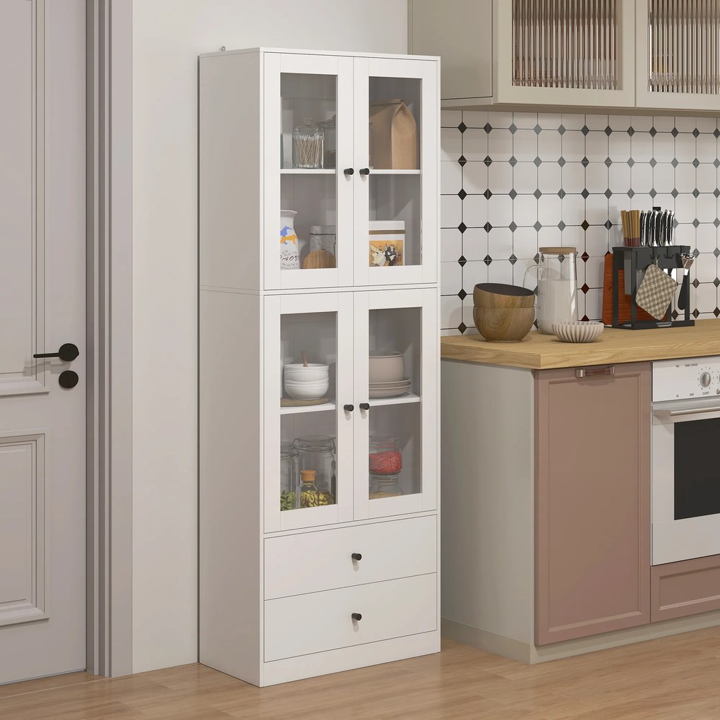 HOMCOM Szafka kuchenna z szufladami i drzwiami szklanymi, powierzchnia z melaminy, Biały