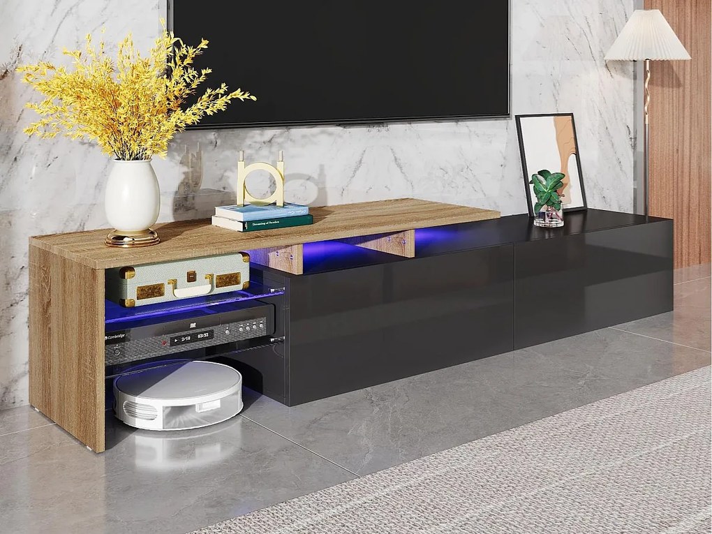 Nowoczesna szafa pod TV 170×33×33,5 cm - z oświetleniem LED - 2 szuflady - półki szklane - wykończenie drewnopodobne - czarny + naturalny