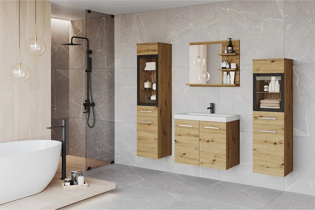 Meble łazienkowe z LED, zestaw wiszący do łazienki z umywalką, 2 słupkami i szafką lustrzaną, dąb artisan