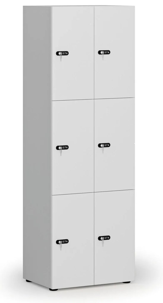 Drewniana szafka skrytkowa S4, 6 schowków, demontaż, zamek mechaniczny z kodem, szary/biały