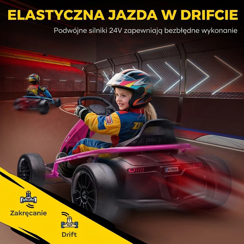 HOMCOM 24 V Elektryczny gokart dla dzieci do 13 km/h Gokart z funkcją driftu, drift-kart z 2 silnikami dla 8–12 lat Różowy | Aosom PL